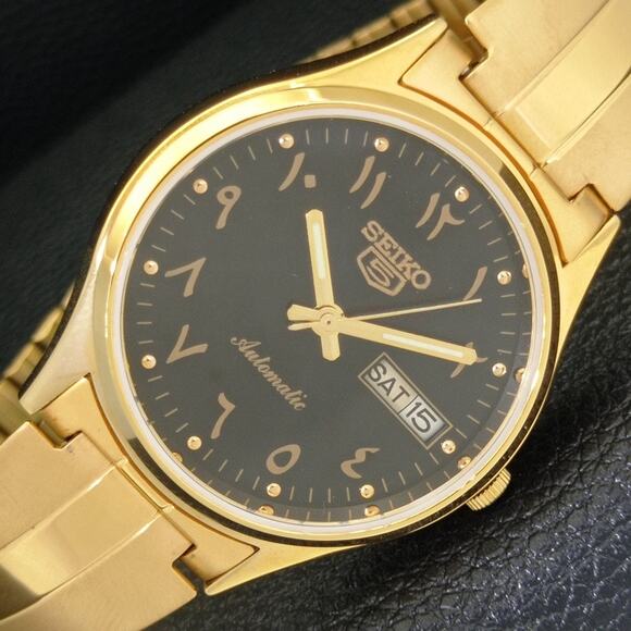 Vintage 1982 Seiko Automatic Mens Gold Watch W/daydate & Arabic accents - Picture 1 of 10